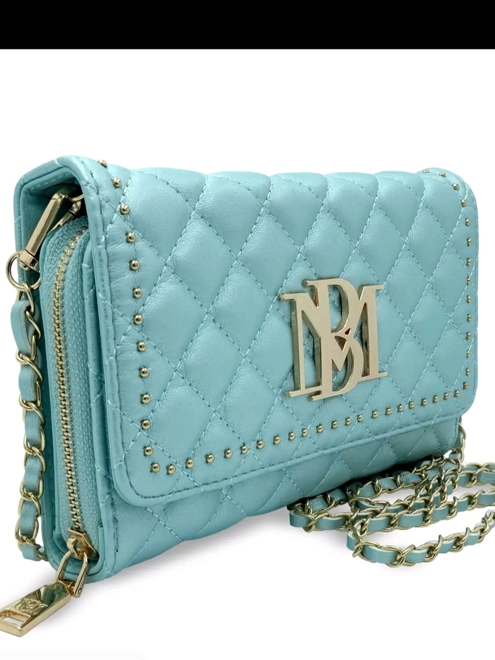 Badgley Mischka Quilted Light Blue Crossbody Wallet with Gold Chain - Picture 3 of 3